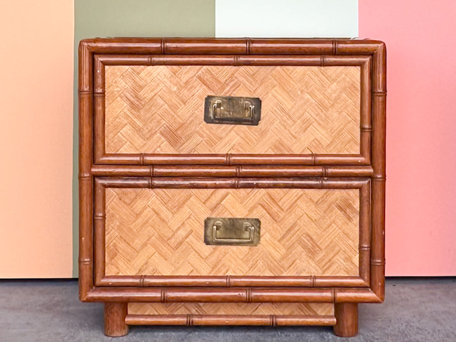 Pair of Old Florida Parquet Rattan Nightstands