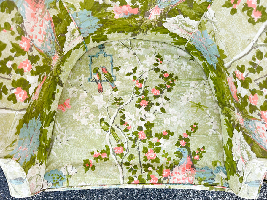 Pair of Chinoiserie Chic Upholstered Barrel Chairs