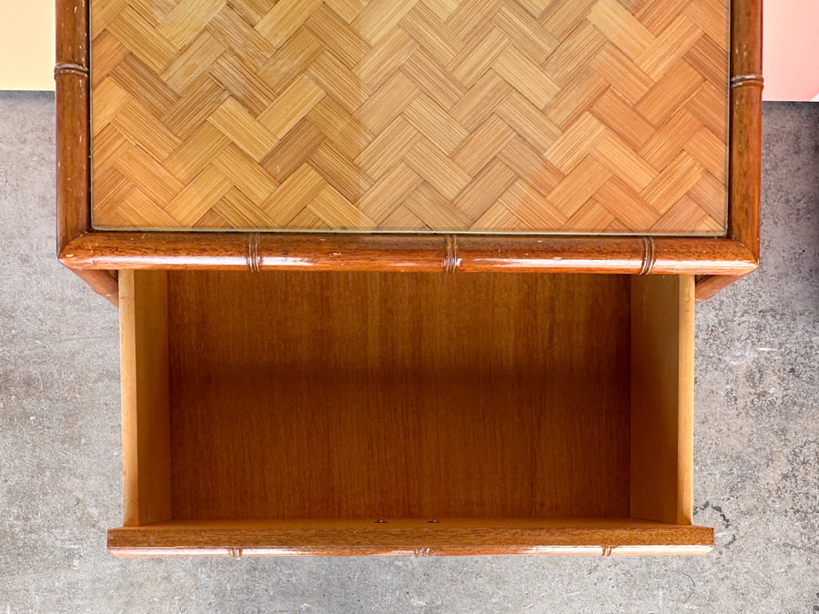 Pair of Old Florida Parquet Rattan Nightstands