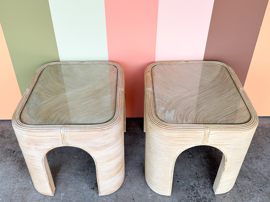 Pair of Coastal Pencil Reed Rattan Side Tables