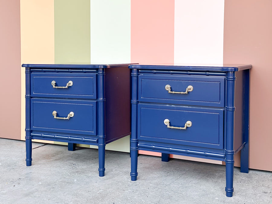 Pair Faux Bamboo Nightstands Navy