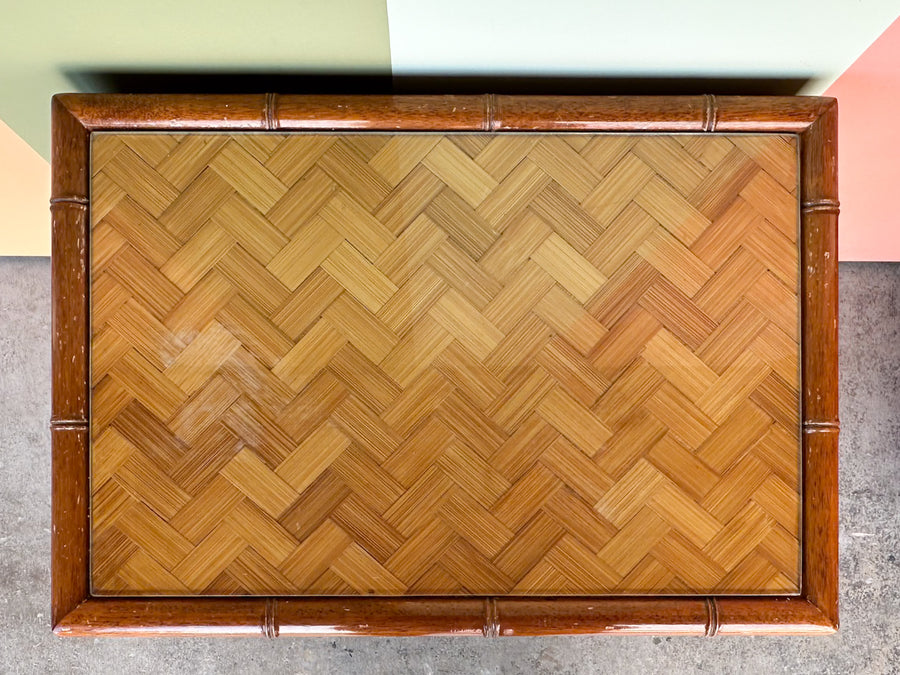 Pair of Old Florida Parquet Rattan Nightstands