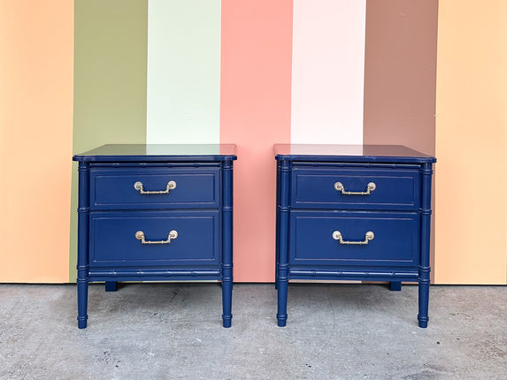 Pair Faux Bamboo Nightstands Navy