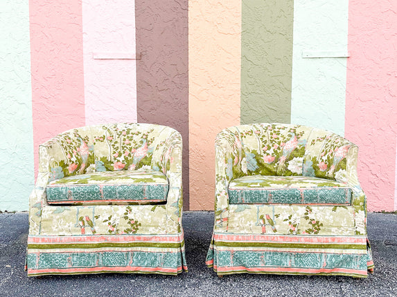 Pair of Chinoiserie Chic Upholstered Barrel Chairs