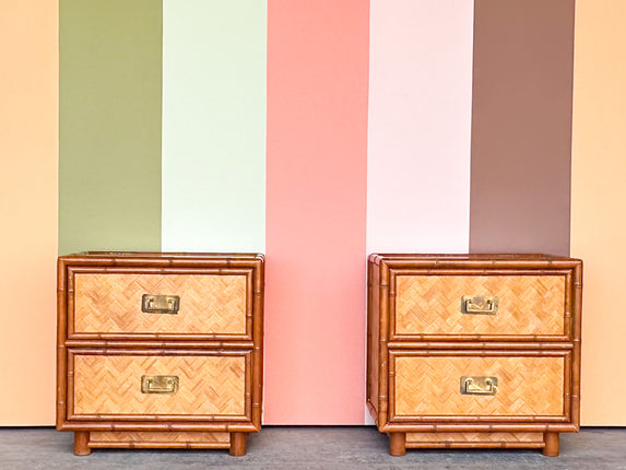 Pair of Old Florida Parquet Rattan Nightstands