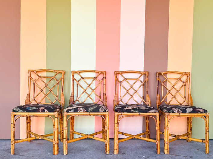 Set of Four Fretwork Rattan Dining Chairs