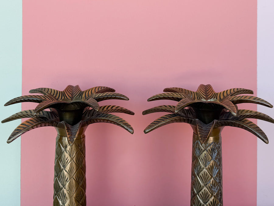 Pair of Brass Palm Tree Candle Holders