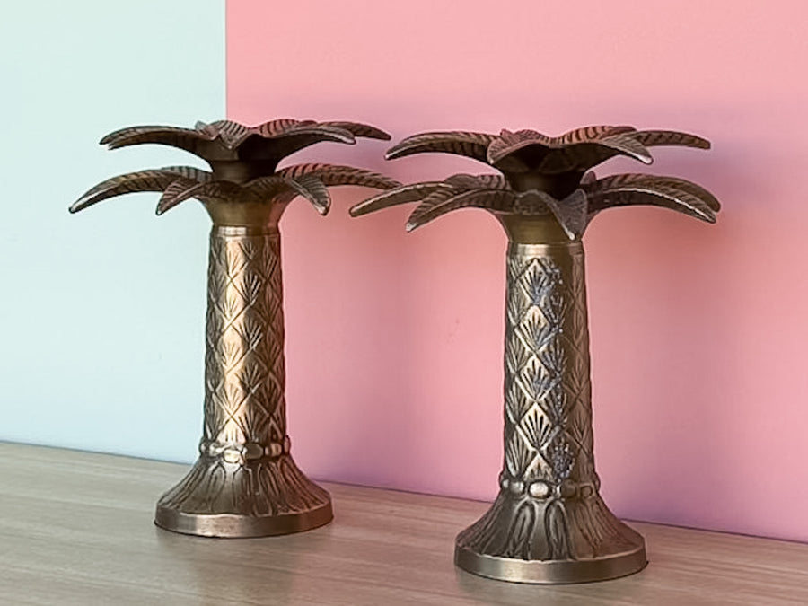 Pair of Brass Palm Tree Candle Holders
