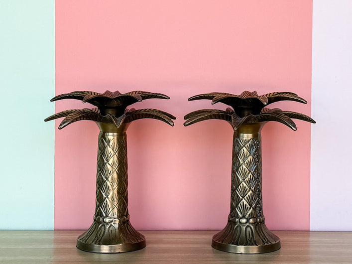 Pair of Brass Palm Tree Candle Holders