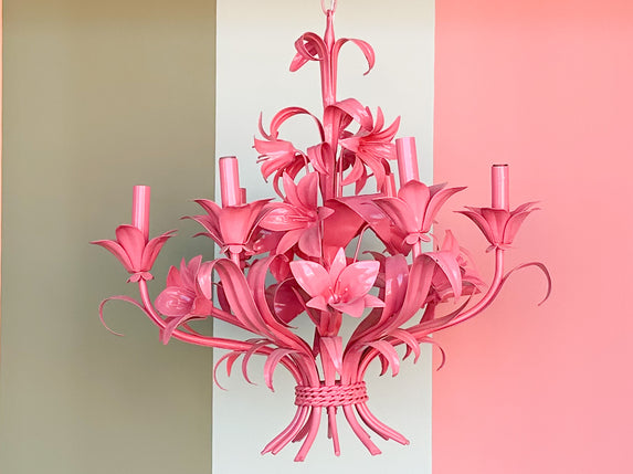 Tole Flower Chandelier - Newly Painted Pink