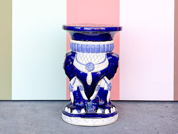 Blue and White Tri-Head Elephant Garden Seat