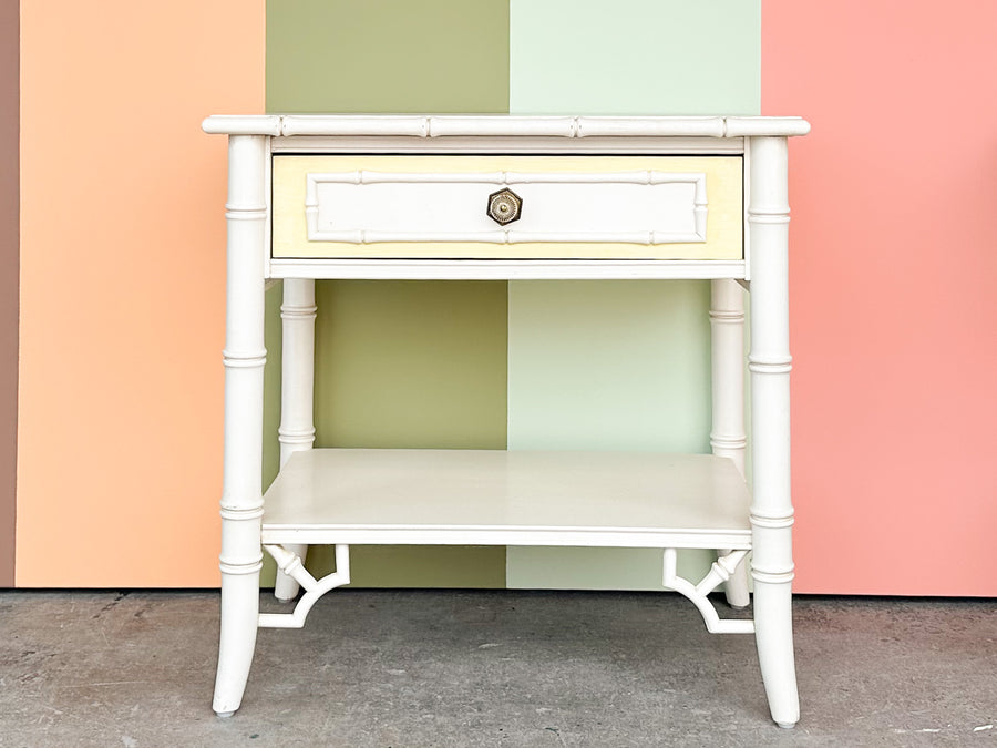 Pair of Thomasville Yellow and White Faux Bamboo Nightstands
