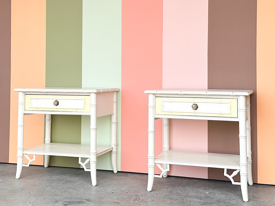 Pair of Thomasville Yellow and White Faux Bamboo Nightstands