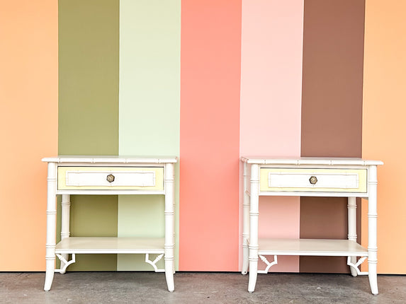 Pair of Thomasville Yellow and White Faux Bamboo Nightstands