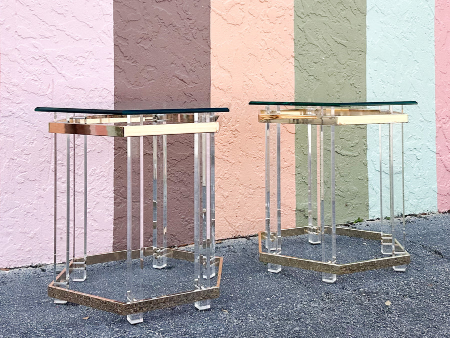 Pair of Charles Hollis Jones Style Brass and Lucite Side Tables