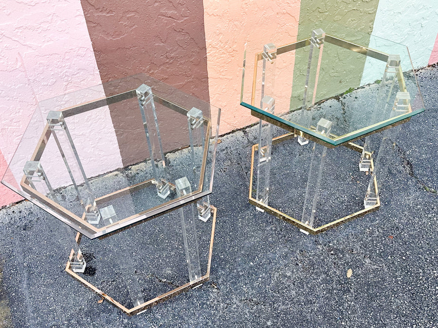 Pair of Charles Hollis Jones Style Brass and Lucite Side Tables