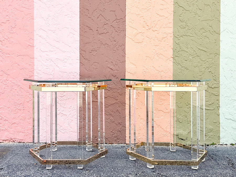 Pair of Charles Hollis Jones Style Brass and Lucite Side Tables
