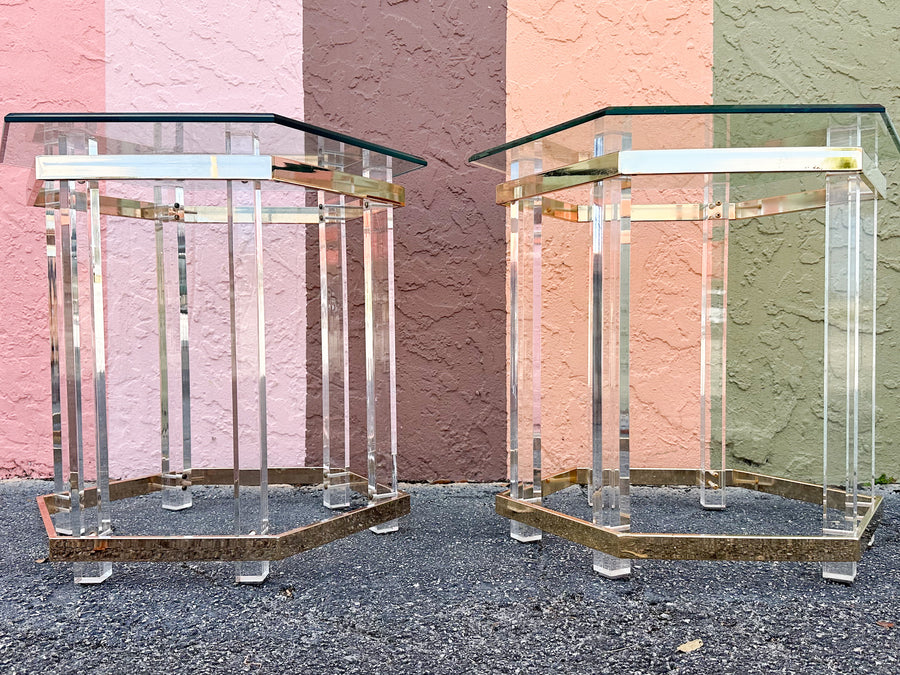 Pair of Charles Hollis Jones Style Brass and Lucite Side Tables