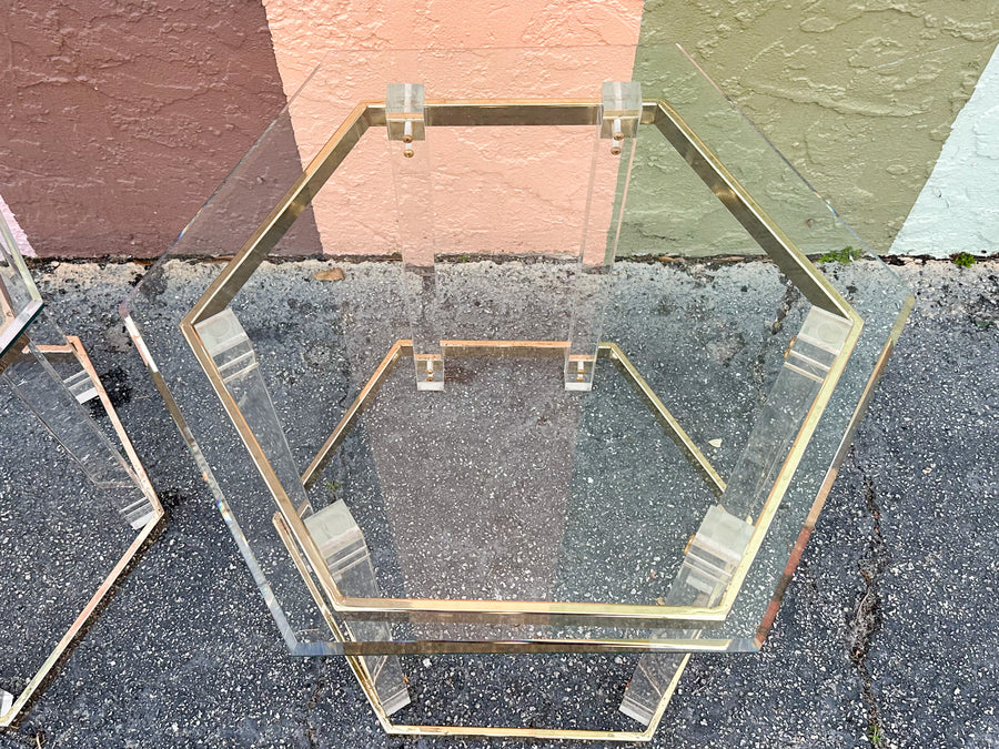 Pair of Charles Hollis Jones Style Brass and Lucite Side Tables