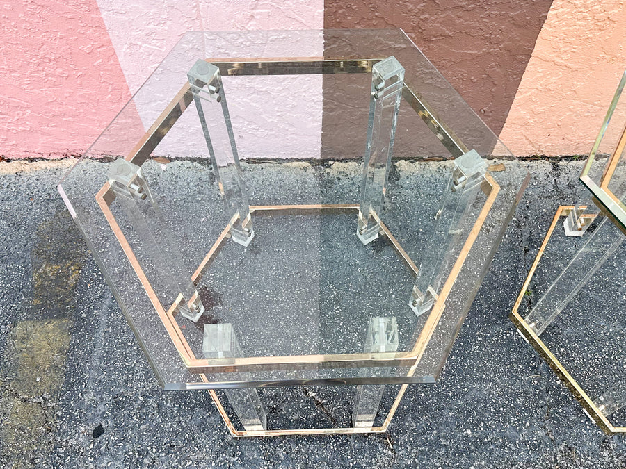 Pair of Charles Hollis Jones Style Brass and Lucite Side Tables