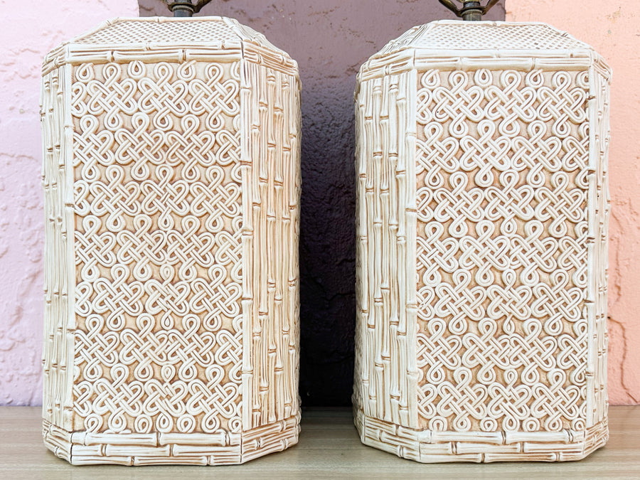 Pair of Fab Faux Bamboo Ceramic Lamps