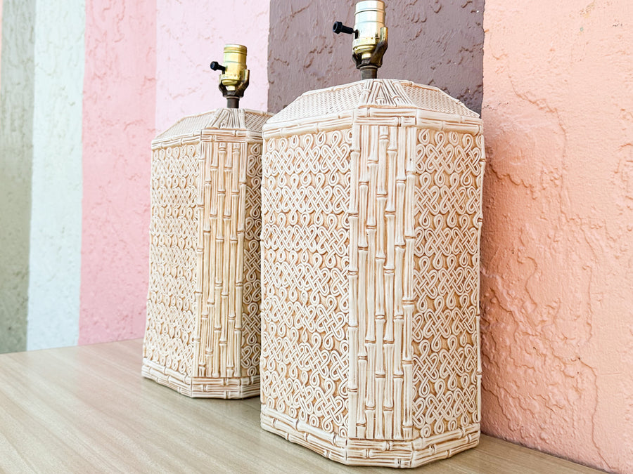 Pair of Fab Faux Bamboo Ceramic Lamps