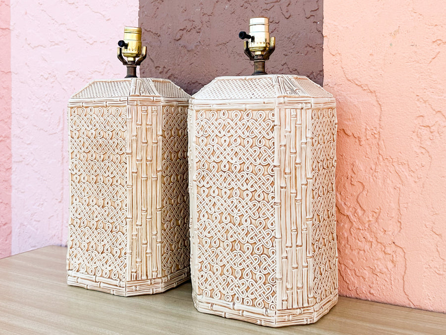 Pair of Fab Faux Bamboo Ceramic Lamps