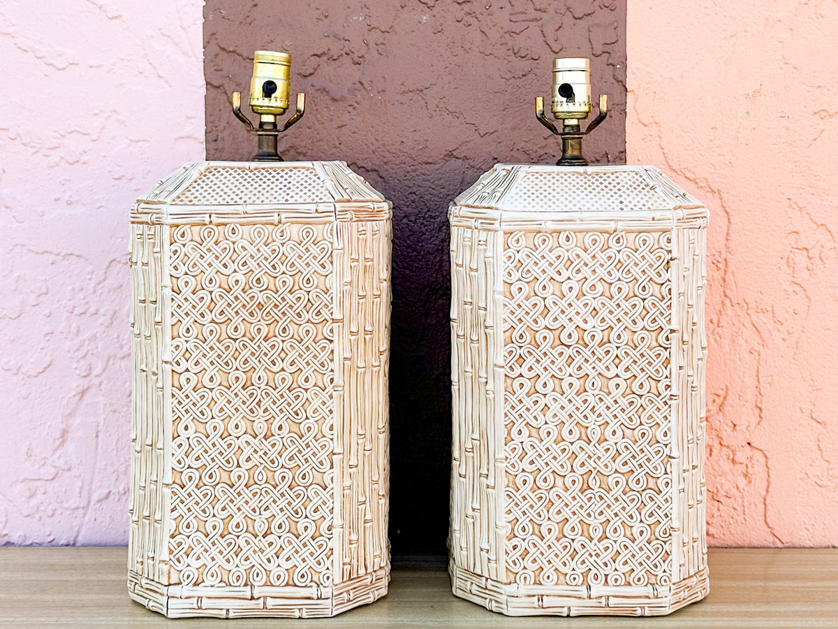 Pair of Fab Faux Bamboo Ceramic Lamps