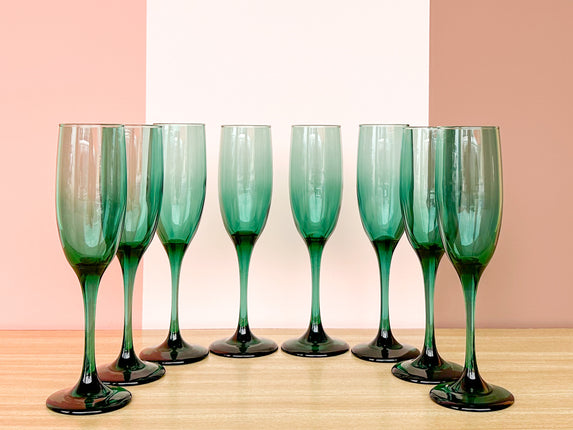 Set of Eight Emerald Champagne Flutes