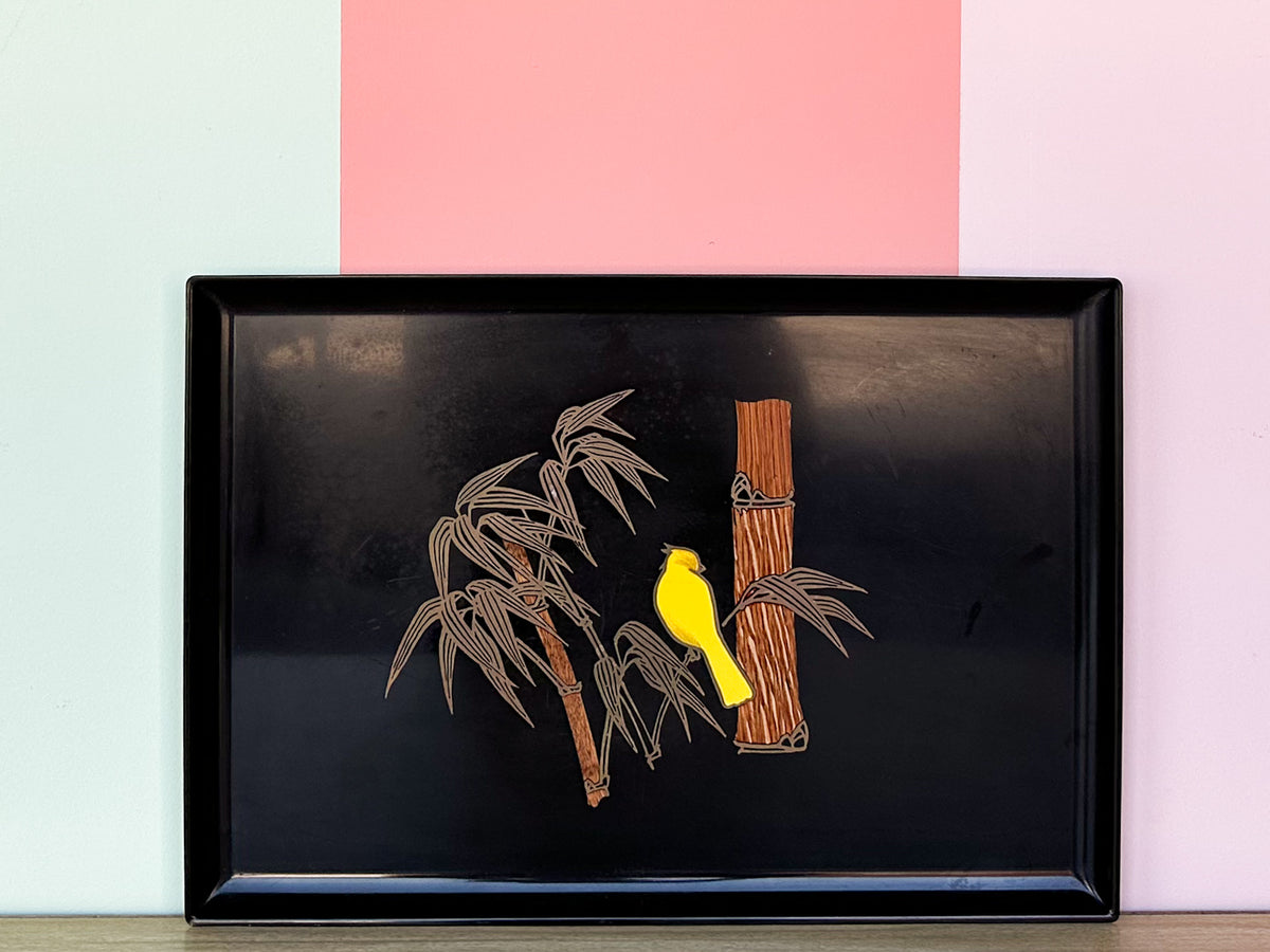 Couroc Tray with Wood and Brass Inlaid Parakeet