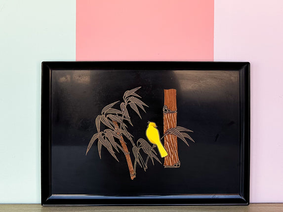 Couroc Tray with Wood and Brass Inlaid Parakeet