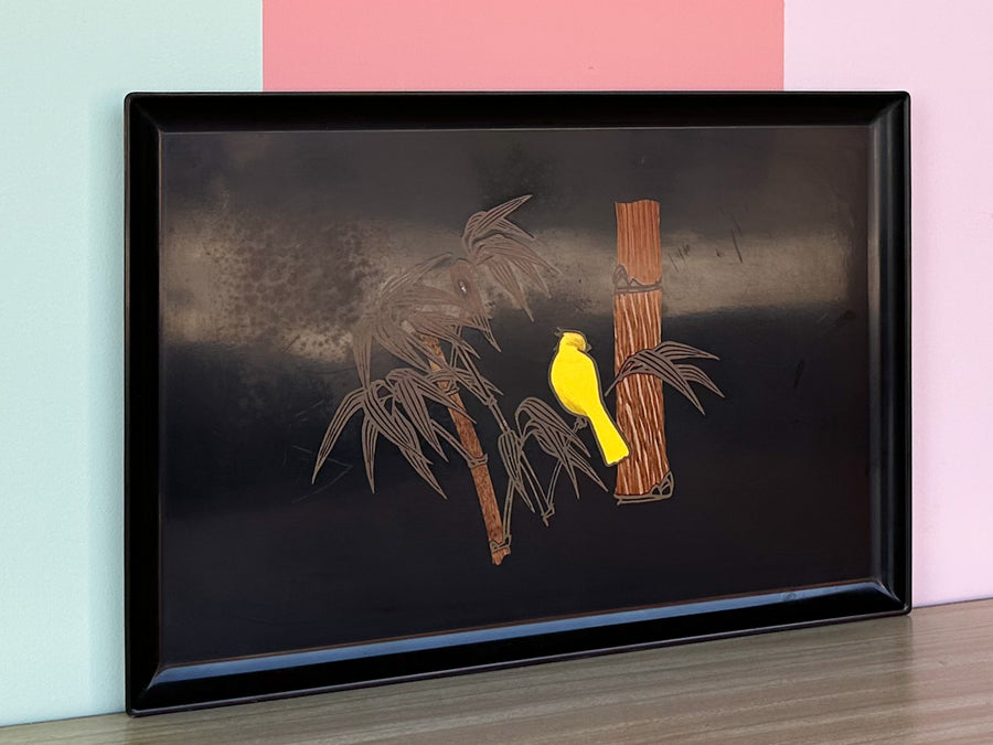 Couroc Tray with Wood and Brass Inlaid Parakeet