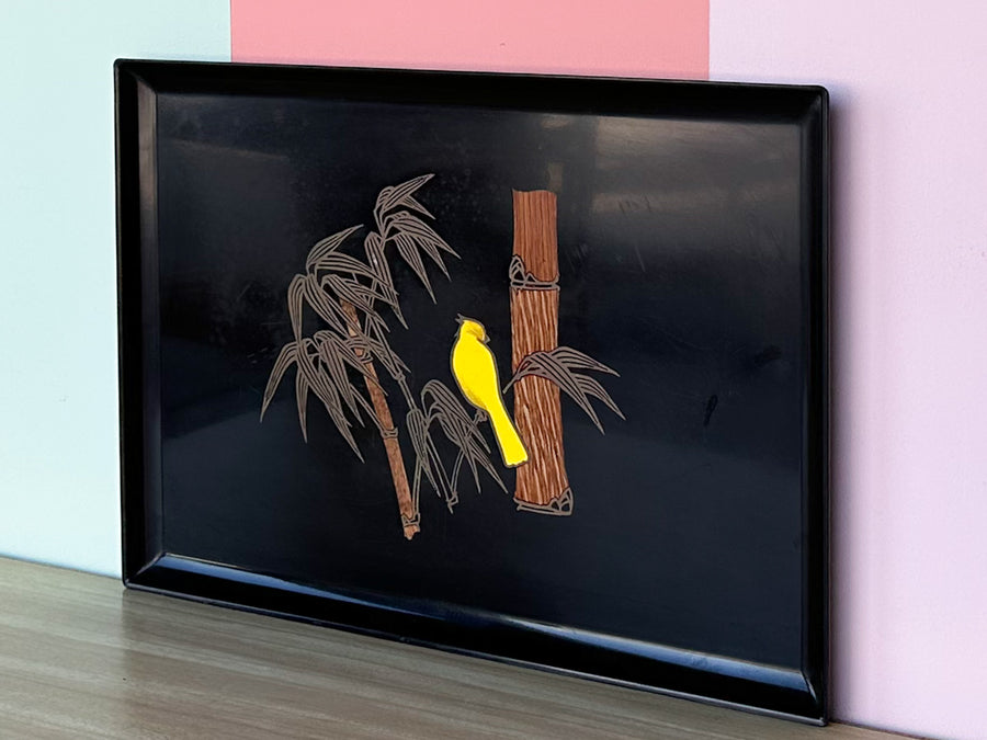 Couroc Tray with Wood and Brass Inlaid Parakeet