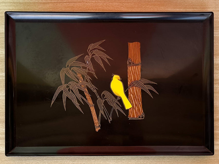 Couroc Tray with Wood and Brass Inlaid Parakeet