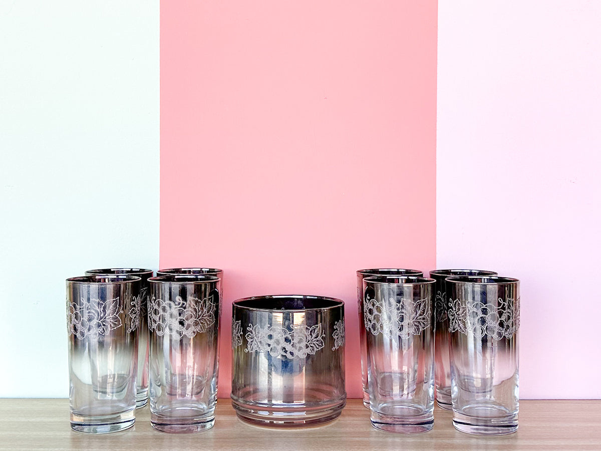 Berry and Leaf Mid Century Glassware and Caddy