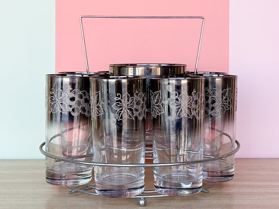 Berry and Leaf Mid Century Glassware and Caddy