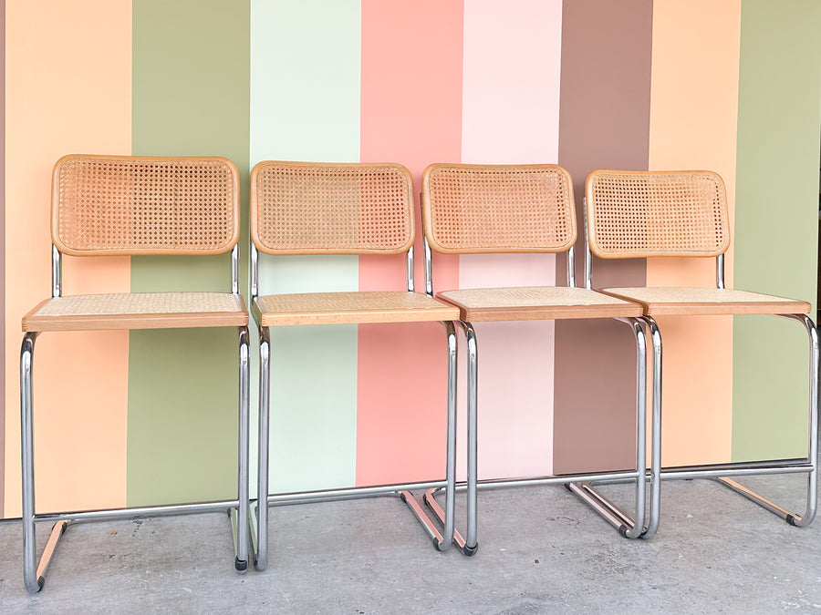 Set of Four Cane Cantilever Bar Stools