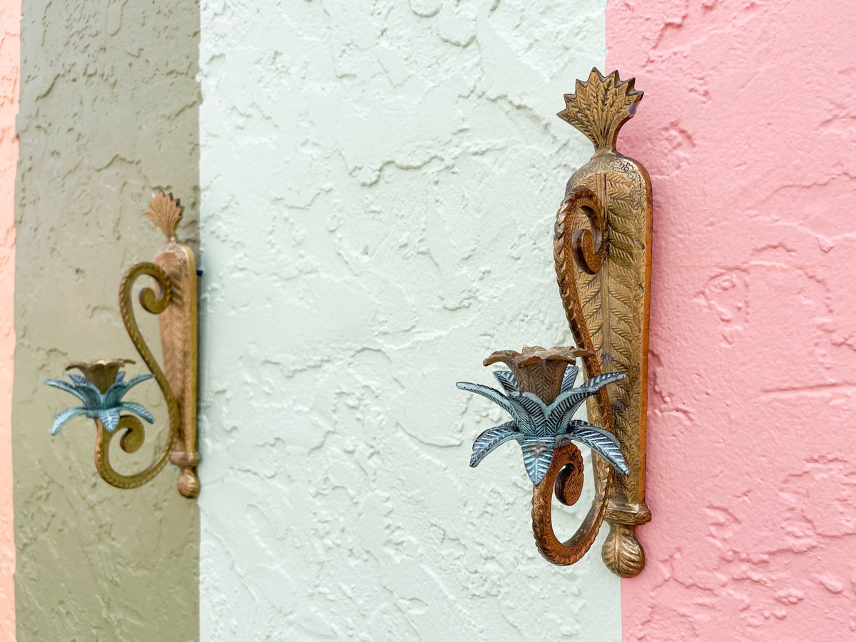 Pair of Petite Brass Palm Wall Sconces