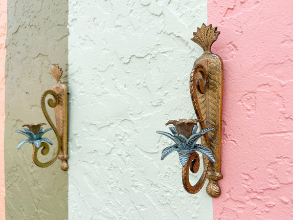 Pair of Petite Brass Palm Wall Sconces