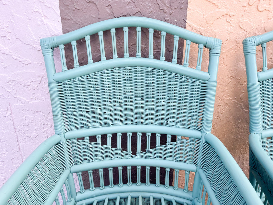 Pair of Seafoam Rattan Arm Chairs