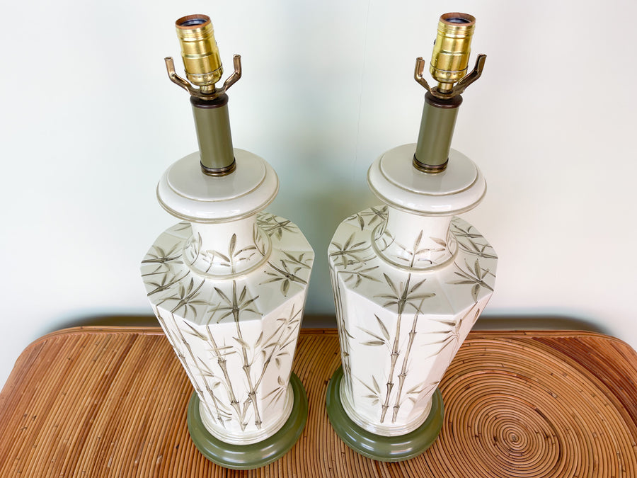 Pair of Celadon Bamboo Lamps