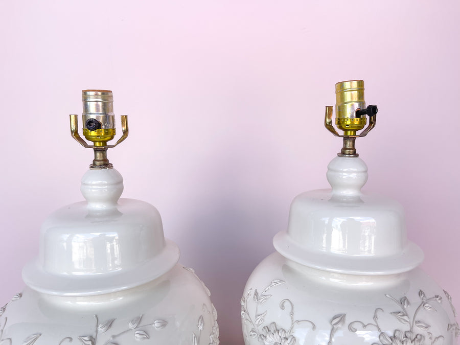 Pair of White Icing Flower Ginger Jar Lamps
