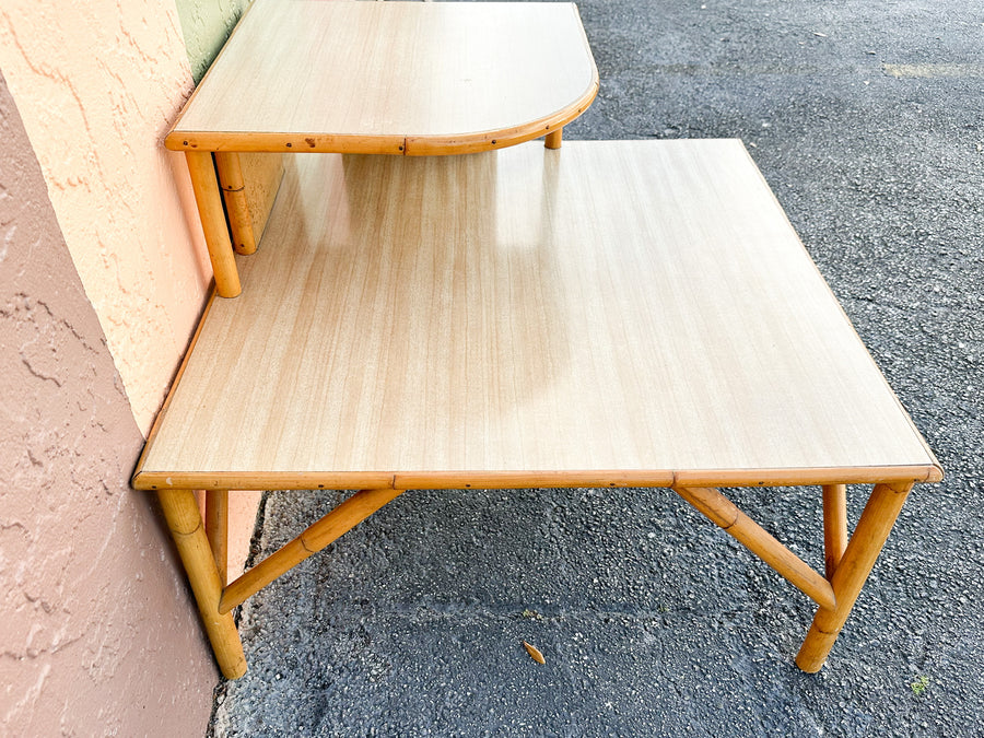 Old Florida Two Tier Rattan Corner Table