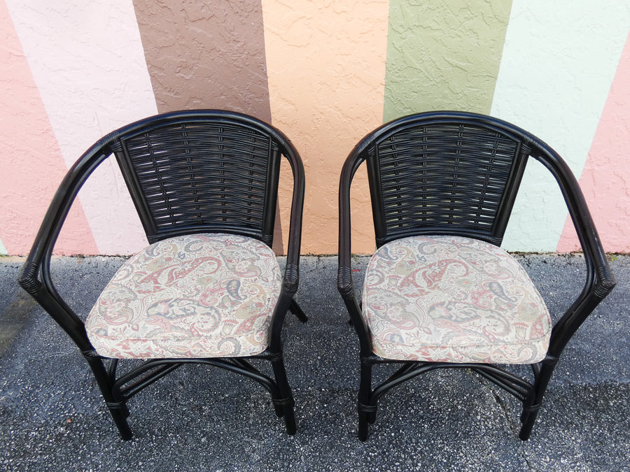 Pair of Painted Black Rattan Barrel Chairs