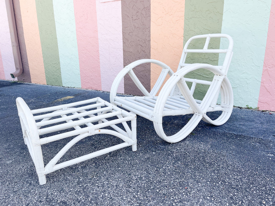 Pair of White Rattan Pretzel Chairs and Ottomans