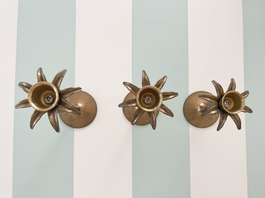 Set of Three Brass Palm Tree Candlesticks