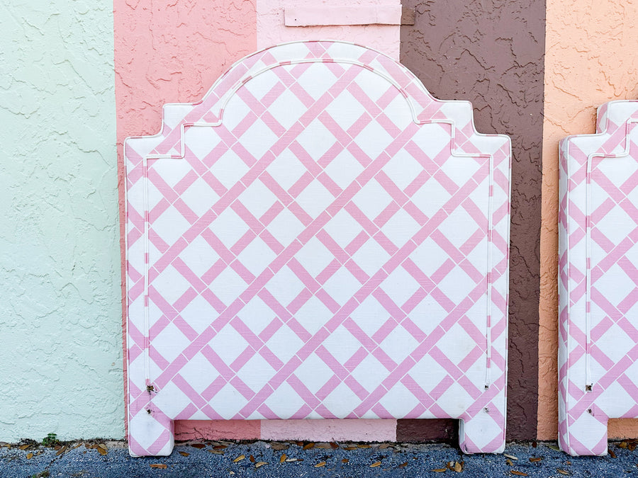 Pair of Pink Lattice Upholstered Twin Headboards