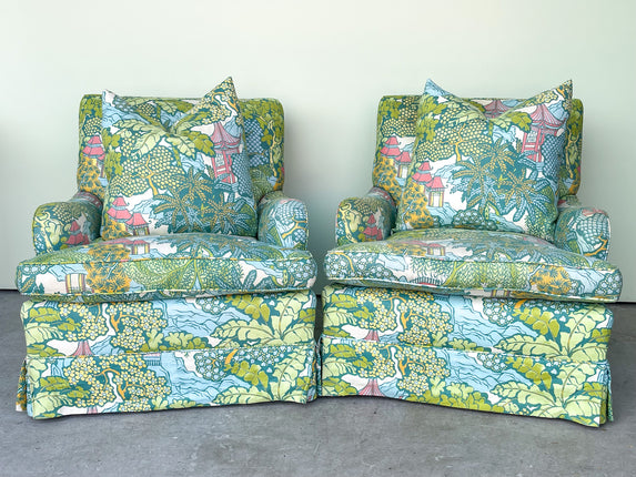 Pair of Palm and Pagoda Upholstered Chairs