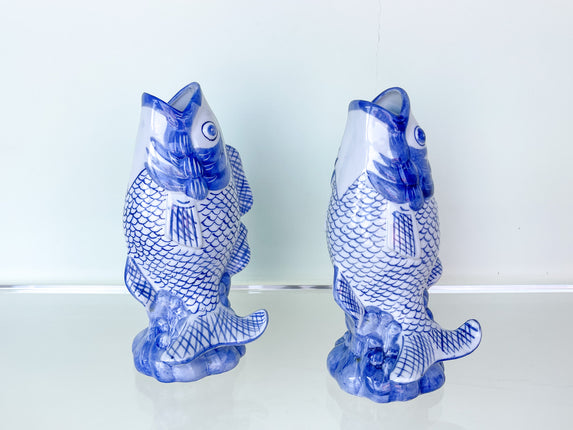 Pair of Blue and White Koi Vases