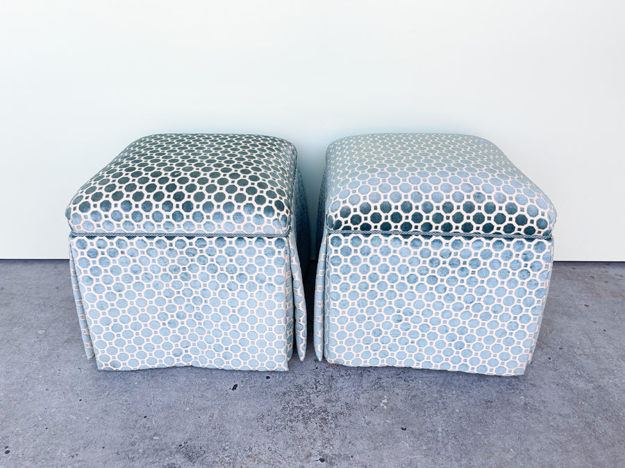 Pair of Teal Upholstered Cube Ottomans